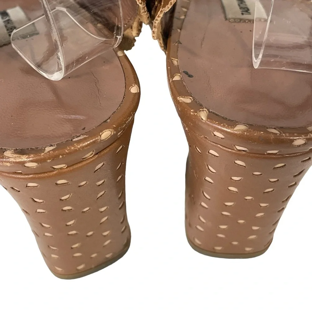 Tabitha Simmons Brown Leather Scalloped Ankle Strap Block Heel Sandal 36 US 5